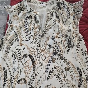 Calvin Klein Cream Floral Tie-Neck Ruffle Cap-Sleeve Top